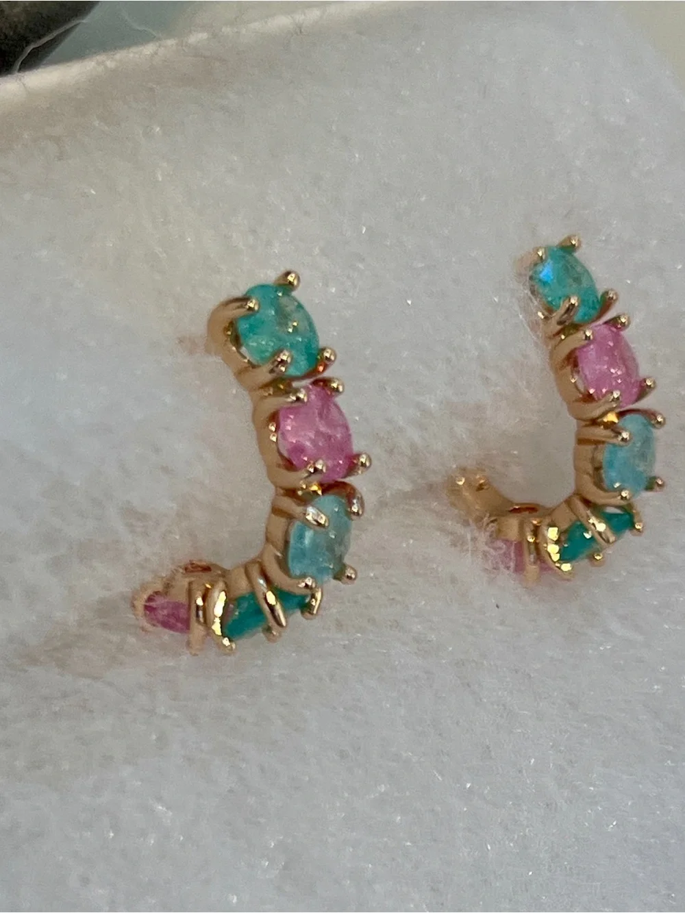 Gold Huggie Hoop Earrings with Pink and Green Gemstones